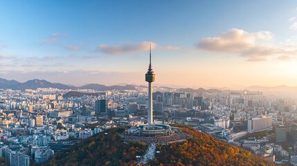 Obraz premium A panoramic view of the Seoul skyline at dusk.