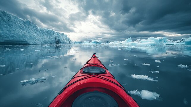 A vivid red kayak moves through tranquil icy waters under a cloudy sky, navigating among arctic ice formations and capturing the serene beauty of the environment. - Powered by Adobe