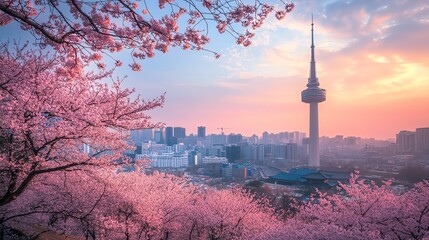 A view of a city skyline with cherry blossoms in the foreground.