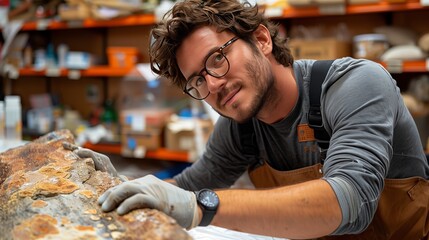 Enthusiastic Paleontologist Carefully Examining Dinosaur Fossil in Research Laboratory Setting