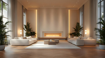 Fototapeta premium A modern living room with elegant furniture, a fireplace, and indoor plants for relaxation.