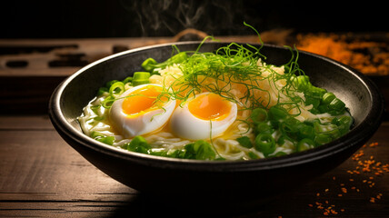 Steaming bowl of ramen with soft-boiled eggs and fresh green onions