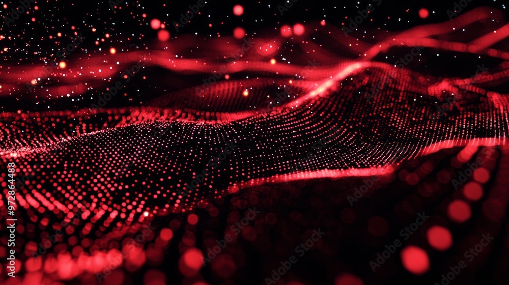 Poster mesmerizing display of red particles interacts with a dark background, creating a fluid motion remin