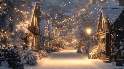 Nostalgic Christmas village street, lined with snow-covered cottages and twinkling street