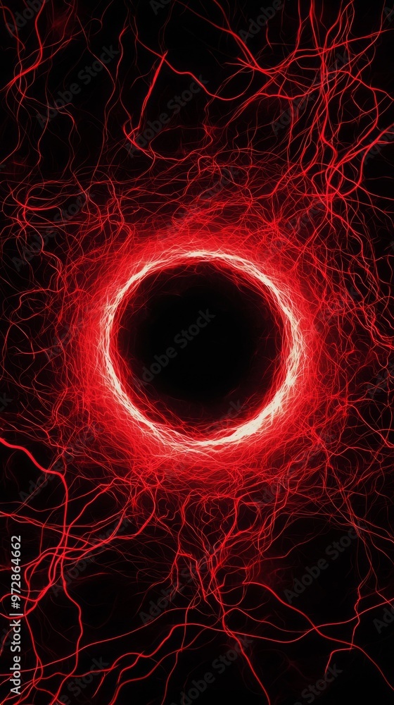 Poster radiating energy envelops a central vortex, where vibrant red particles dance in intricate patterns,
