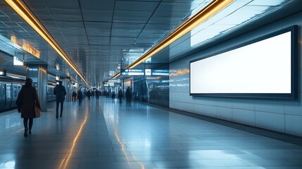 Blank billboard in subway station with people walking by