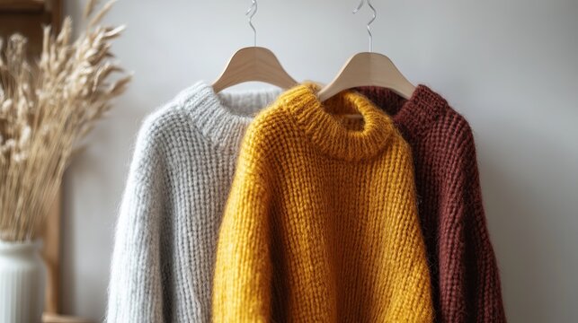 Three cozy sweaters in different colors hanging neatly on a wall.
