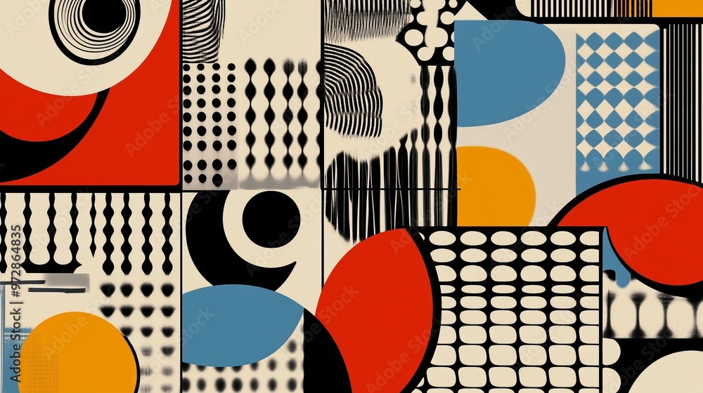 Poster brutalist geometric shapes, modern symbols. groovy checkered pattern, distorted tiled grid. simple e
