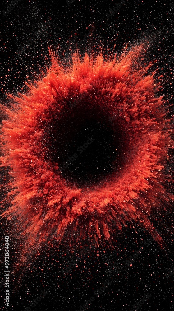 Poster mesmerizing burst of red particles radiates outward, forming a stunning circular pattern against a d