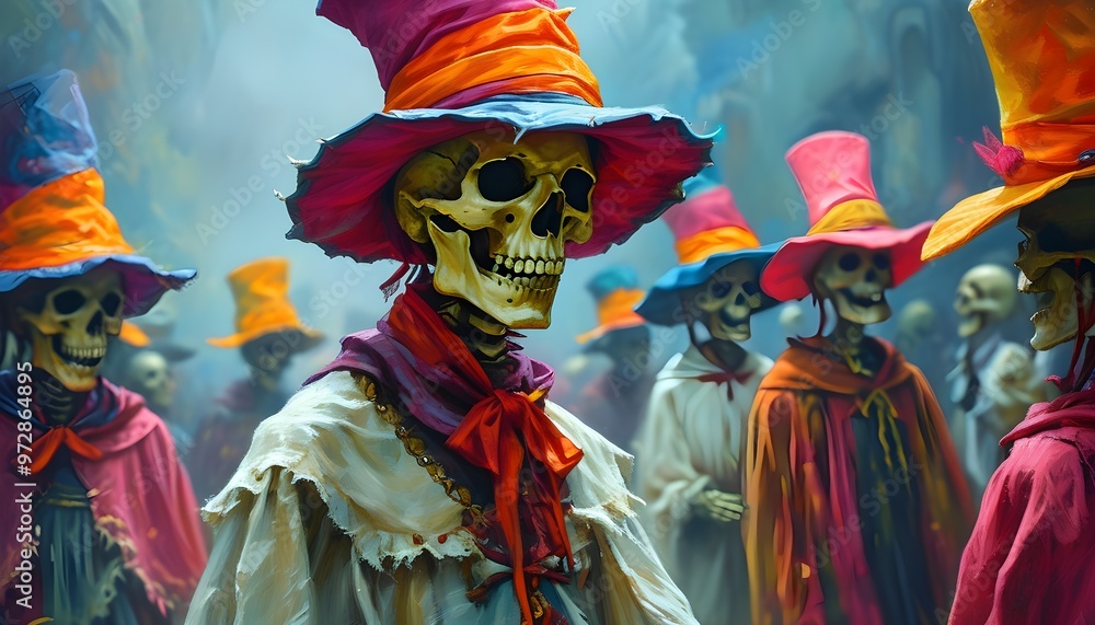 Wall mural vibrant skeletons in colorful hats compete in a spooky race amidst misty horror landscape