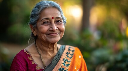 Authentic Smiles of Aging Grace: Indian Lady in Saree Radiating Natural Beauty and Joyful Charm