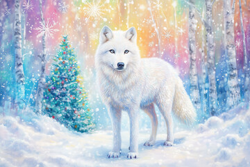 Obraz premium A white wolf stands in a snow-covered forest adorned with a decorated Christmas tree and colorful snowflakes, winter
