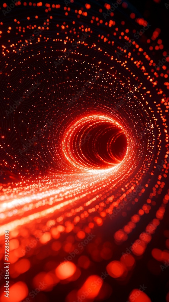 Poster Glowing red particles flow in a mesmerizing spiral, forming a dynamic tunnel that sparks a sense of wonder and depth, inviting exploration into the unknown.