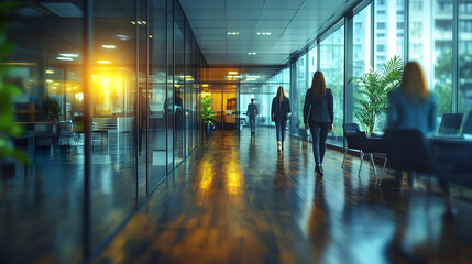 A modern office space with people walking and large windows, showcasing a professional environment.