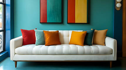 A modern white sofa with colorful pillows against a teal wall and vibrant artwork.