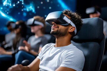 A virtual reality simulation in a classroom, where students are immersed in space exploration or a historical scientific event