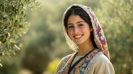 Joyful Palestinian Woman in Traditional Embroidered Dress Poses with Natural Beauty in Olive Grove Setting