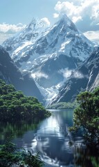 Fototapeta premium Majestic mountain landscape with snow peaks reflecting in tranquil lake surrounded by lush greenery during cloudy day
