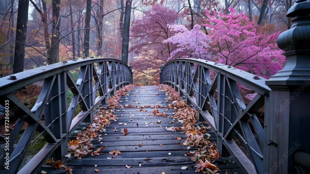 Poster serene autumn bridge surrounded by colorful trees in a tranquil park setting