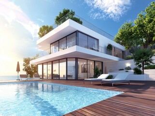 Fototapeta premium Swimming pool deck at vacation home with sea view, Three-dimensional illustration of contemporary holiday villa exterior with sea view and wooden floor.