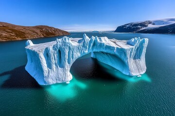 An iceberg resembling a floating castle, its towering peaks and arches creating a surreal, otherworldly structure