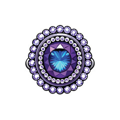 A detailed illustration of a tanzanite ring with a double halo of diamonds.