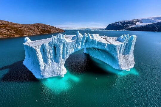 An iceberg resembling a floating castle, its towering peaks and arches creating a surreal, otherworldly structure