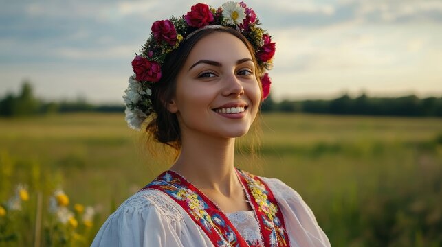 Joyful Belarusian Woman Embracing Traditional Culture Amid Rural Serenity