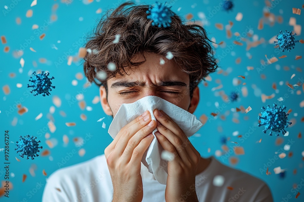 Wall mural young man sneezing and having a runny nose allergy sitting on a bench in the daytime outside an offi