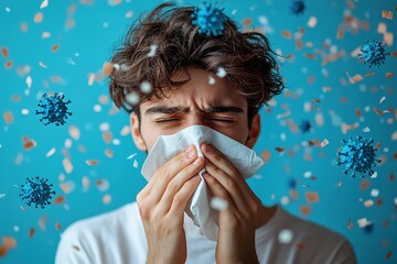 Young man sneezing and having a runny nose allergy sitting on a bench in the daytime outside an office building, hispanic businessman sick with a tissue near his nose.