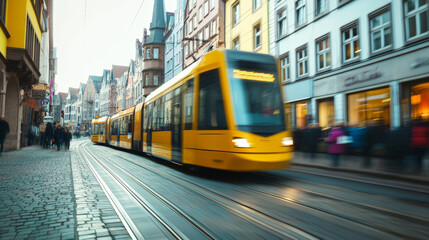 Fototapeta premium Tram in motion on a bustling city street with blurred figures and glowing afternoon light creating a dynamic scene. 