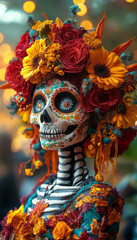 Vibrant skeleton costume worn by a dancer during a Day of the Dead celebration, showcasing colorful details and traditional Mexican culture.
