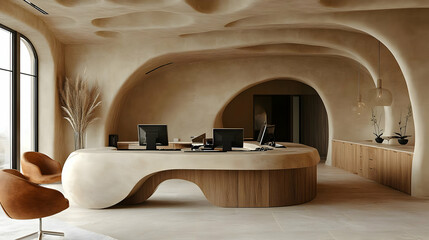 A modern, sculptural office reception area with organic shapes and warm tones.