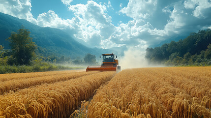 Naklejka premium rice or wheat harvester working in the field, agricultural machinery, agro-industry, harvest, farm, combine, tractor, machine