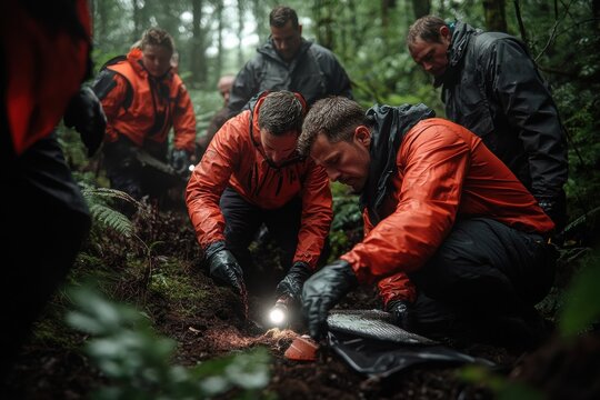 A group of people in red and black jackets search the dark forest floor intently at night, using flashlights to explore the dense undergrowth for clues or hidden objects.