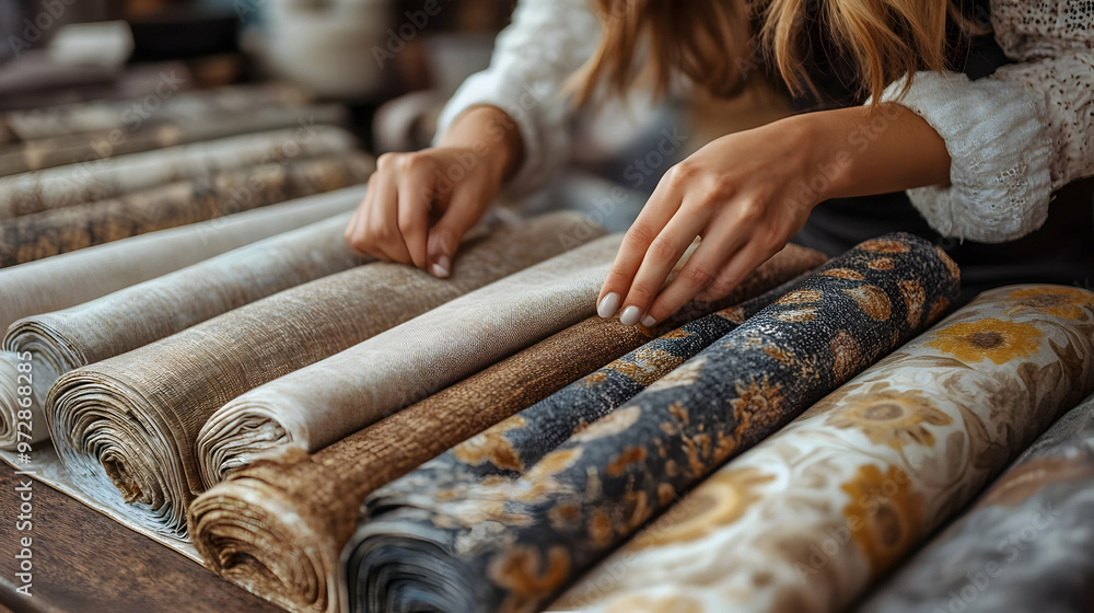 Poster A person arranging rolled fabric in a textile shop, showcasing various patterns and textures.