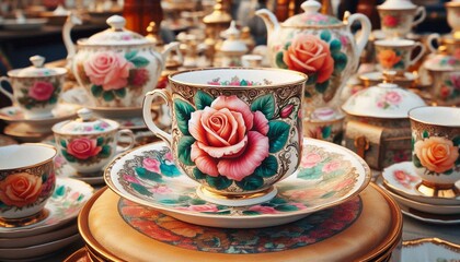 italienische Töpferware mit einem Rosenmotiv auf einem Markt in Italien