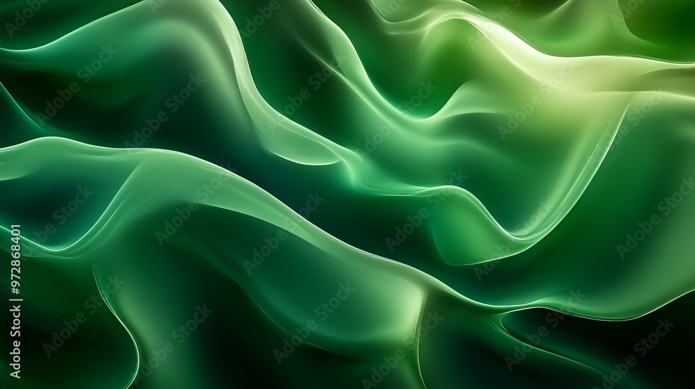Poster abstract digital art of green flowing waves with a touch of luminance, creating a serene and dynamic