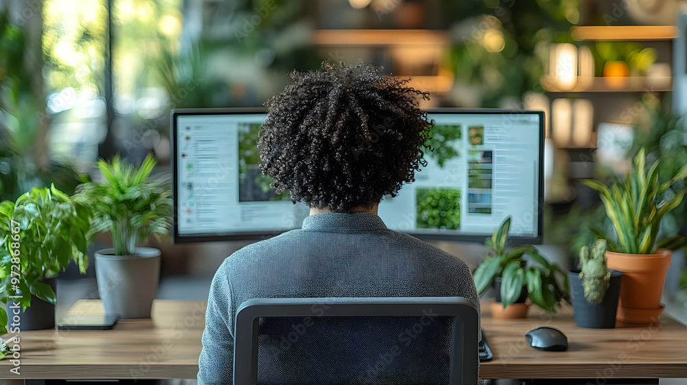 Aufkleber a person working at a desk surrounded by plants and using dual monitors for productivity.
