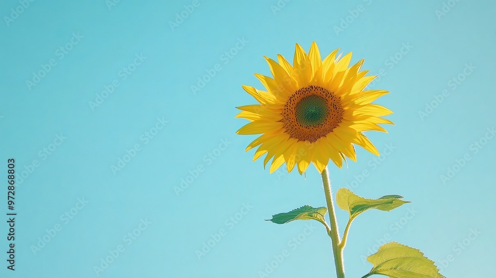 Wall mural minimalist shot of a single sunflower against a clear blue sky, with bright yellow petals standing o