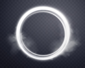 White magic glowing ring with smoke. Neon realistic energy flare halo ring. Silver abstract light effect on a dark transparent background. Vector illustration.