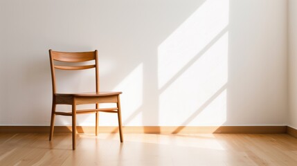 Fototapeta premium Minimalist wooden chair against a white wall with sunlight streaming in. Modern and clean interior design concept with natural light.