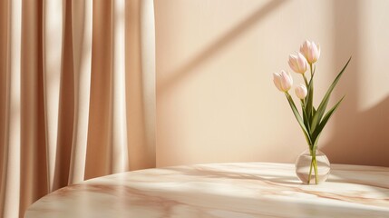 Minimalistic still life with pink tulips in vase on sunlit table, soft beige curtains creating serene atmosphere.