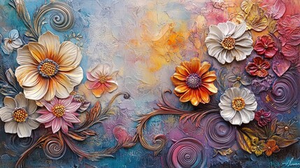 Abstract floral artwork with embossed flowers and swirling patterns, creating a vibrant, textured painting full of artistic details