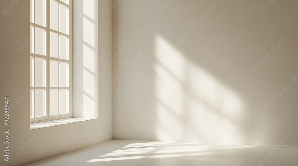Poster minimalist shot of a single window in a plain wall, with soft light casting gentle shadows, creating