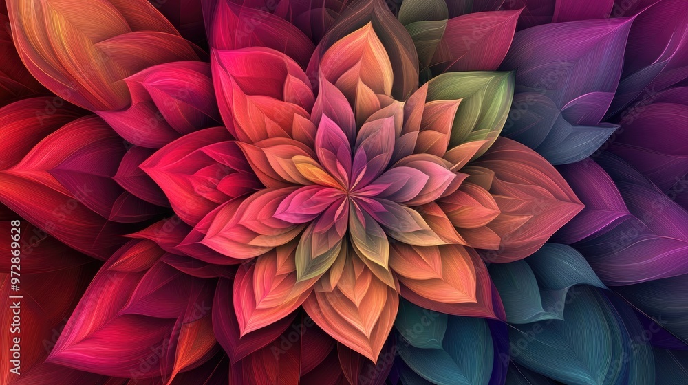 Poster abstract kaleidoscopic floral design with swirling petals in vivid hues, blending realistic organic 