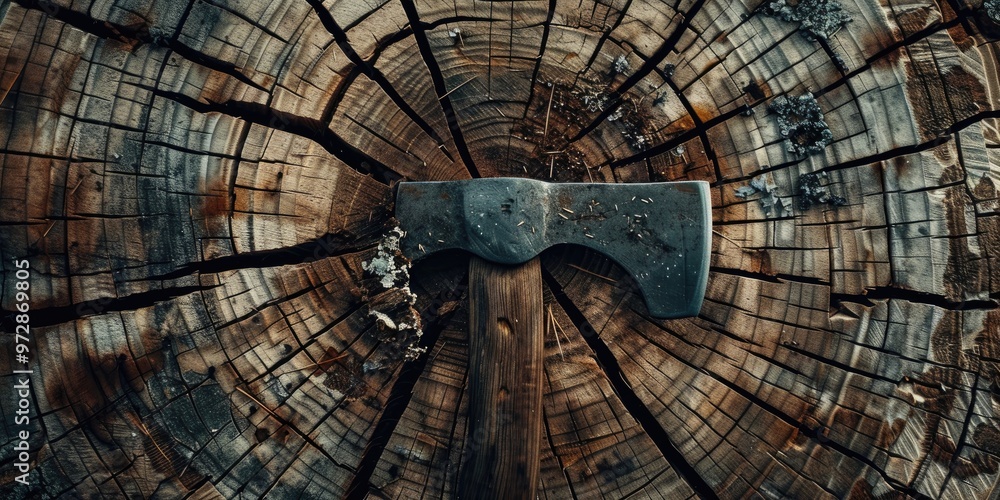 Poster axe inserted into a cleft tree trunk