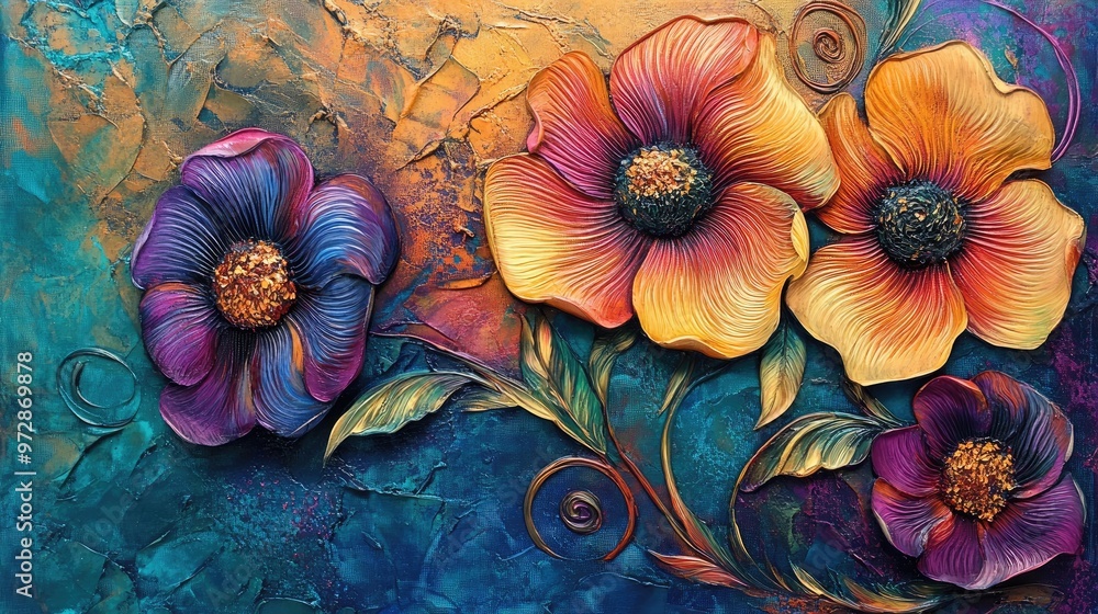 Poster artistic abstract painting featuring vibrant embossed flowers with swirling patterns, creating a dyn
