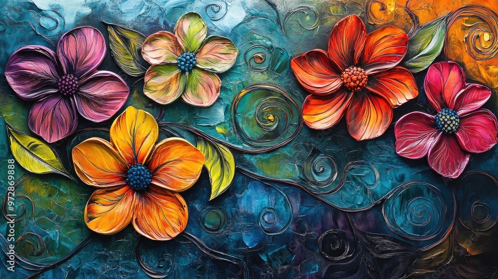Poster artistic abstract painting featuring vibrant embossed flowers with swirling patterns, creating a dyn