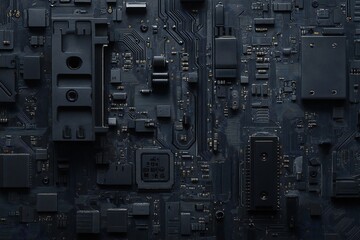 Fototapeta premium Detailed black circuit board background with intricate electronic components and wires